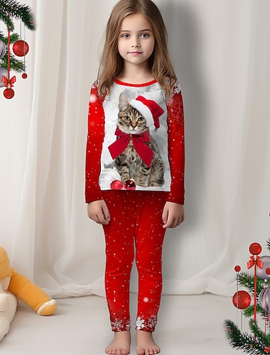  Jul Jente 3D Katt Julepysjamas Pysjamassett Langermet 3D-utskrift Høst Vinter Aktiv Mote søt stil Polyester Barn 3-12 år Crew-hals Hjem Avslappet Innendørs Normal