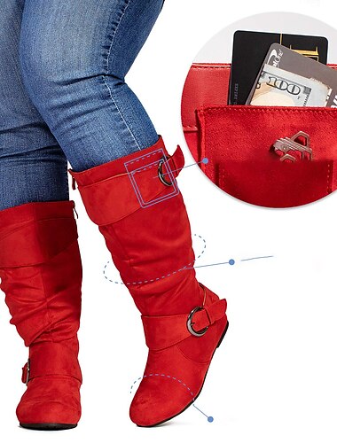  Damenstiefel mit weitem Schaft und versteckter Tasche – bequemes, weites, lässiges Design mit Schnallenakzenten