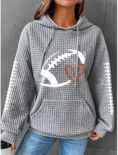  Übergroßer Sweatshirt-Pullover für Damen, strukturiert, Fußball, lässig, sportlich, Kordelzug vorne, Tasche, aktiv, Rundhalsausschnitt, langärmeliges Oberteil, mikroelastisch,
