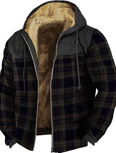  Herren Sweatjacke Kapuzenshirt mit durchgehendem Reißverschluss Fleece-Hoodie Schwarz Blau Braun Grau Mit Kapuze Plaid Reißverschluss Sport & Natur Täglich Festtage Polyester Strassenmode Cool