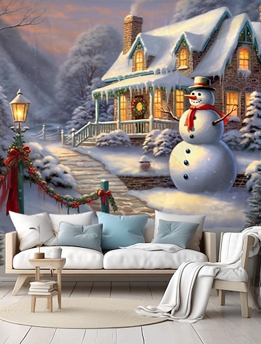  juledekorasjoner hengende billedvev snømann snø vinter eventyrland veggkunst xmas stor billedvev veggmaleri dekor fotografi bakteppe teppe gardin hjem soverom stue dekorasjon