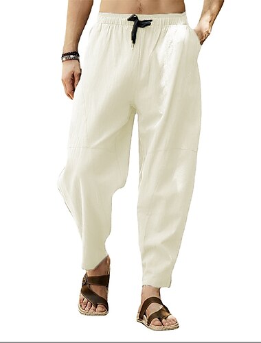  Herren Leinenhose Sommerhosen Tasche Kordelzug Glatt Casual Täglich Yoga Baumwollmischung Basic Klassisch Schwarz Weiß