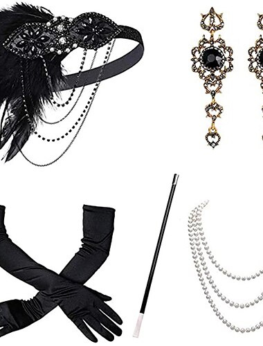  Vintage 1920s El gran Gatsby Diadema de estilo flapper Conjunto de accesorios Collar Pendiente charlestón Invitado a la boda Pluma Mujer Mascarada Recepción de Boda Despedida de Soltera Festival