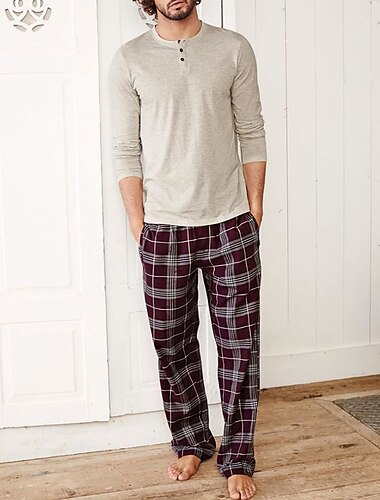  Hombre Ropa de salón Pijama Conjunto pijama Top y pantalón de pijama 2 Piezas Plaid Elegante Casual Confort Hogar Diario Mezcla de Algodón Comodidad Henley Manga Larga Camiseta Pantalón Correa