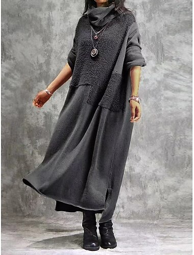  Robe casual Robe d'hiver Robe en coton et lin Femme robe longue Patchwork Fendu Extérieur du quotidien Sortie Actif Mode Col Roulé manche longue 2023 Ample Noir Gris M L XL XXL