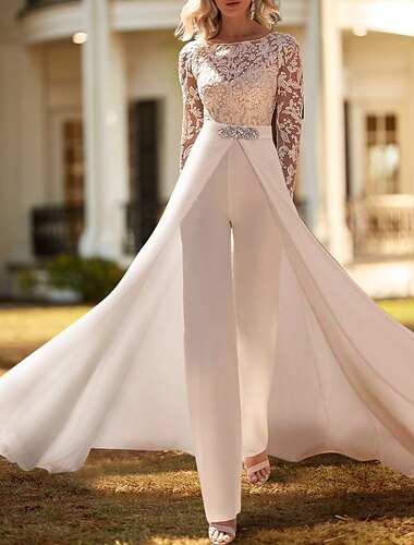  jednoduché formální svatební šaty dvoudílné s lopatkou ke krku s dlouhým rukávem k podlaze šifonové svatební šaty s nášivkami křišťálová brož 2024