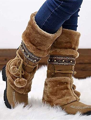  Women's Boots Snow Boots Winter Boots Outdoor Daily Fleece Lined Knee High Boots Winter Bowknot Pom-pom Chunky Heel Round Toe Casual Industrial Style PU Lace-up Black Purple Brown