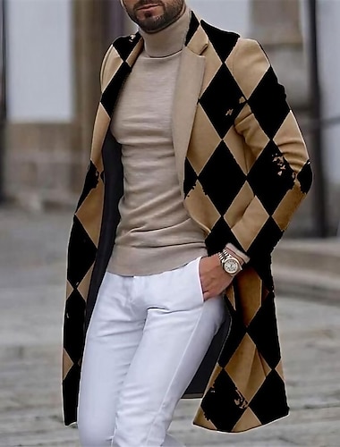  Herren Argyle Wintermantel Mantel Warm Bequem Atmungsaktiv Geschäftlich Arbeit Büro-Outfit Ausgehen Tasche Druck Herbst Winter Stehkragen Langarm Weiß Blau Purpur