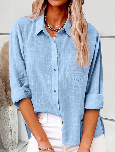  Dames Overhemd Katoenen linnen overhemden Knoop omhoog Blouse Effen Modieus Neon en helder Lange mouw Overhemdkraag Normale tops Casual Knop Zak Spijkerbroekblauw Zwart Wit Geel Blozend Roze Lente