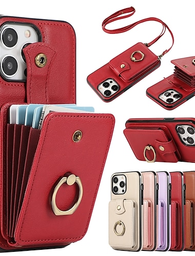  telefone Capinha Para iPhone 16 15 14 Pro Max Plus iPhone 13 12 Pro Max Mini Capa traseira Capa para Cartão Wallet Suporte para Alianças com cordão Slot para cartão Retro TPU Metal Couro PU