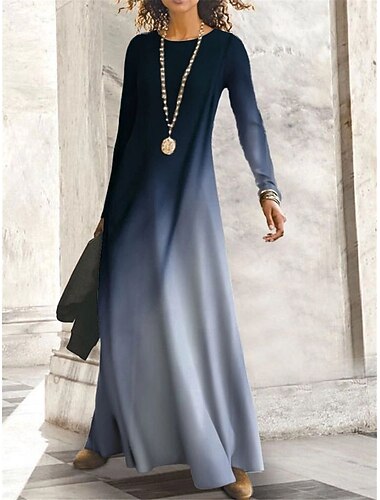  Kvinders Maxi Kjole Vintage Boheme A-Linie Kjole Rund Hals Langærmet Casual Vinter Kjole Shift Kjole Mode Moderne Voksen Udendørs Daglig Date Regelmæssig Pasform Ombre Gul Blå Lilla Khaki Efterår