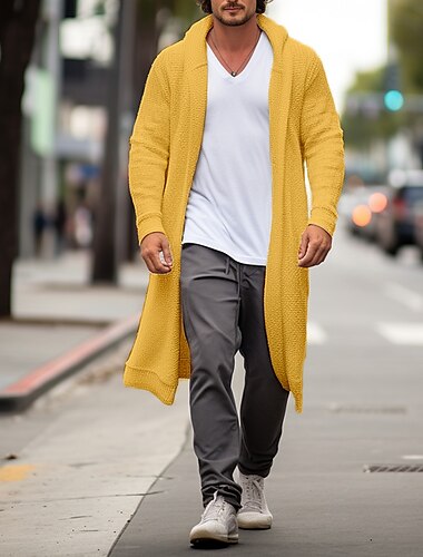  Męskie Sweter Sweter Rozpinany Jesienny sweter Prążkowany Robić na drutach Długie Guzik Dzianiny Równina Klapa Moda Ogrzewacze Codzienny Dzienne zużycie Odzież Jesień i zima Czerwone wino Żółty S M L