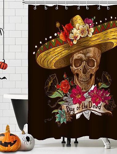  Halloween-Geister-Duschvorhang mit Haken, Badezimmer-Dekor, wasserdichtes Stoff-Duschvorhang-Set mit 12 Kunststoff-Haken