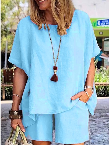  Femmes Mode Confort Doux Ensembles inspirés du lin Ensembles deux pièces Manche Courte Pantalon Court Col ras du cou Couleur Unie Avec Poches Taille Élastique Vacances Maison Quotidien Blanche Vert