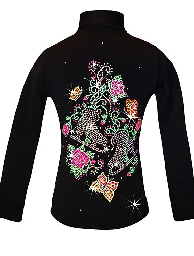  Fleecejacke fürs Eiskunstlaufen Damen Mädchen Eislaufen Jacke Shirt Schwarz elastisch Ausbildung Wettbewerb Eiskunstlaufkleidung warm Kristalle Langarm Eislaufen Eiskundstlauf