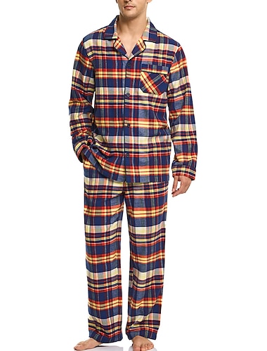  Hombre Ropa de salón Pijama Conjunto pijama Top y pantalón de pijama 2 Piezas Plaid Elegante Casual Confort Hogar Diario Algodón Comodidad Diseño Manga Larga Camisa Pantalón Correa Cintura elástica