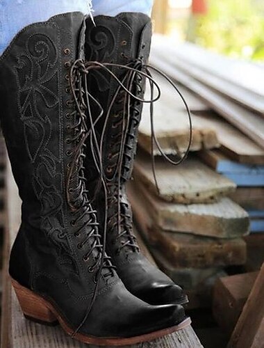  Vintage rote Western-Cowboystiefel zum Schnüren - kniehohe Lederstiefel für Damen für Country- und Western-Events