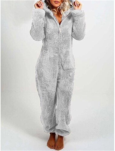  Einteiliger Pyjama mit Kapuze für Damen, einfarbig rot, Plüschfleece, langärmelig, Winternachtwäsche, gemütliche Homewear, bequeme Passform, Heim-Outfits