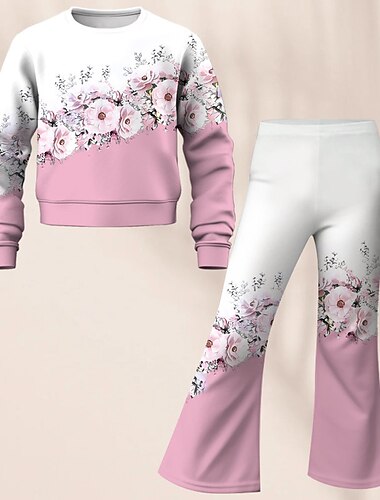  Wielkanoc Dla dziewczynek 3D Kwiaty Zestaw Zestaw bluza i spodnie flare Długi rękaw Druk 3D Jesień Zima Aktywny Moda Codzienny Dzieci 3-12 lat Półgolf Na zewnątrz Urlop Randka Regularny