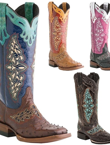  Women's Boots Cowboy Boots Party Solid Color Embroidered Knee High Boots Embroidery Chunky Heel Vintage Fashion Casual PU Loafer Pink Red Blue