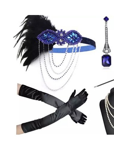  Szüret 1920-as évek A nagy Gatsby Flapper fejpánt Kiegészítő készlet Charleston Esküvői Vendég Toll Jelmez Női Álarcos mulatság Esküvői fogadás Lánybúcsú Fesztivál Felnőttek Kesztyűk Fejpánt Minden