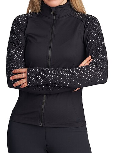  Fleecejacke fürs Eiskunstlaufen Damen Mädchen Eislaufen Jacke Shirt Schwarz Daumenloch elastisch Ausbildung Wettbewerb Eiskunstlaufkleidung warm Kristalle Langarm Eislaufen Eiskundstlauf