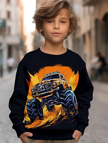  בנים תלת מימד מכונית אֵשׁ טרנינג Pullover שרוול ארוך הדפסת תלת מימד סתיו חורף אופנתי סגנון רחוב מגניב פוליאסטר ילדים 3-12 שנים בָּחוּץ קזו'אל יומי רגיל