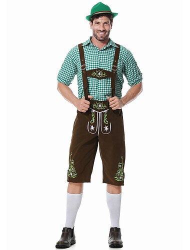 Oktoberfestbier Kostüm Lederhosen Hemd Bayerisch Bayerisch Deutsch Wiesn Herren Stoff im traditionellen Stil Bluse Shorts Hut
