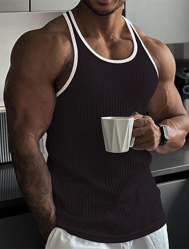  Herren Tank Top Rippenstrick-Top Unterhemd Ärmellos Rundhalsausschnitt Sommer Farbblock Grubenstreifen Mode Designer Muskel Outdoor Ausgehen Fitnessstudio Schwarz Weiß Rosa Top T-Shirt für Herren