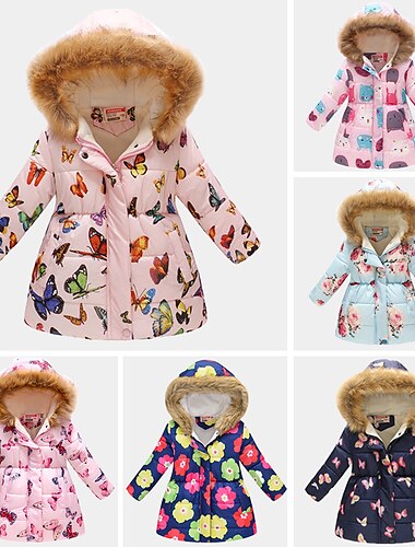  子供 女の子 ダウン グラフィック 活発的 学校 コート アウターウェア 2〜9年 春 3002-10ヒョウ柄 3002-34青い花 3002-32 ネイビーブルーフローラル