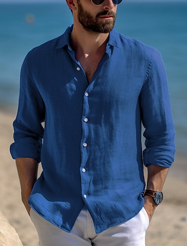  Hombre Camisa camisa de lino Abotonar la camisa Camisa casual Camisa de playa Negro Blanco Rosa Manga Larga Plano Diseño Primavera verano Casual Diario Ropa