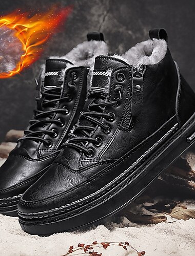  Men's Brown Faux Leather Winter Boots with Fur Lining and Side Zipper – Warm Lace-Up Ankle Boots for Cold Weather