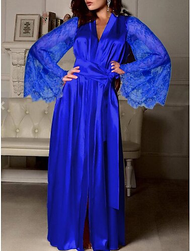  Damen Nachtwäsche Abendrobe Spitze Detail Seide-ähnlicher Stoff Geknöpfter V-Ausschnitt Lange Weite Ärmel Rot Bodenlang Elegant Braut Nachtwäsche Alle Jahreszeiten Home Outfits