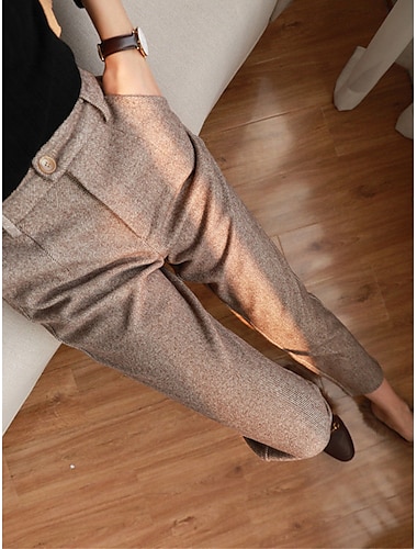  damskie spodnie wizytowe spodnie w jodełkę polar flanelowe spodnie przycięte do kostek moda streetwear praca biurowa czarny kolor popiołu s m jesień zima