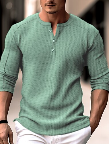  Муж. Вафельная рубашка Henley Рубашка Хенли Футболка Рубашка с длинным рукавом Полотняное плетение Хенли Для улицы Отпуск Длинный рукав Одежда Мода Оригинальный рисунок Классический