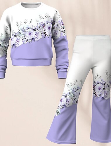  Påske Jente 3D Blomstret Sett Sweatshirt & Flare buksesett Langermet 3D-utskrift Høst Vinter Aktiv Mote Daglig Barn 3-12 år Crew-hals utendørs Feriereise Stevnemøte Normal