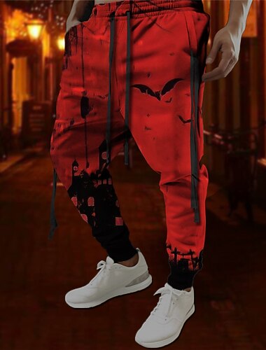  خفاش قوطي عيد الرعب رجالي طباعة ثلاثية الأبعاد بنطلونات سراويل الهالووين Halloween بوليستر أحمر برتقالي أخضر S M L خصر متوسط مرونة بنطال