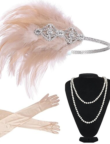  Vintage 1920er Der große Gatsby Flapper-Stirnband Zubehörset Halskette Ohrringe Charleston Feder Damen Maskerade Festival Erwachsene Handschuhe Stirnband Ganzjahres