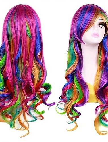  Kunsthaar Perücke lockig lässig Ponyperücke lang weinrot schwarz a1 blond Kunsthaar Damen modisches Design niedlich Cosplay blau lila grün Karnevalsperücken
