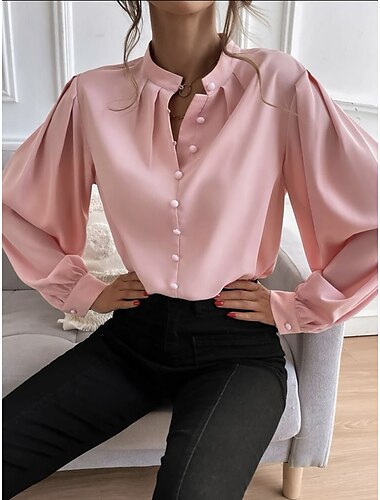  Damenhemd Laternenärmel Bluse Alltag Knöpfe Langarm Normal Oberteile Arbeit Schwarz Weiß Rosa Blau Grün Frühling&amp;  fallen