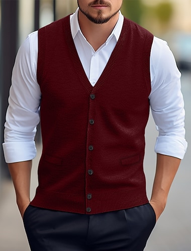  Men's Sweater Vest Cardigan Sweater Ribbed Knit Regular Pocket Knitted Plain V Neck Warm Ups Modern Contemporary Daily Wear Going out Clothing Apparel Winter Wine Red Dark Navy S M L