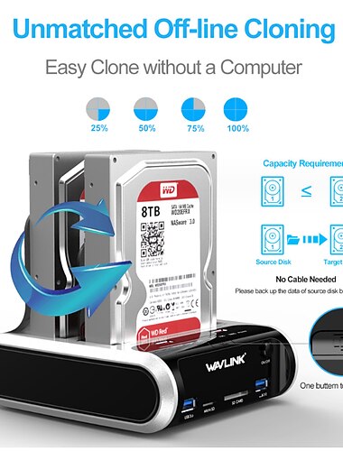  usb 3.0 till sata dual bay extern hårddisk dockningsstation för 2.5 & 3.5 sata i/ii/iii hdd/ssd med offlineklon och snabbladdningshubkortläsare stöder uasp & upp till 2 x 10tb