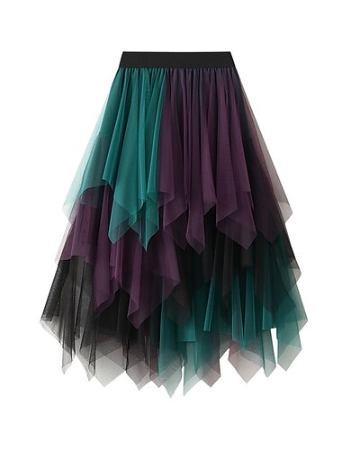  Damen Rock A-Linie Schaukel Modisch Brautkleider schlicht Midi Hoher Taillenbund Röcke Farbblock Unregelmäßiger Saum Layer-Look Urlaub Strasse Weiß Rosa Blau Grün Winter Spandex