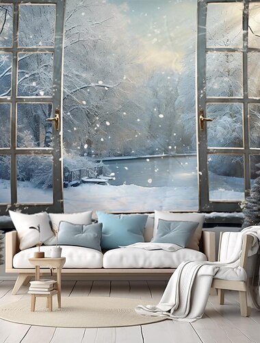  Tapiz colgante de pared con diseño de nieve, invierno, país de las maravillas, tapiz grande, decoración de pared, fotografía, telón de fondo, manta, cortina, hogar, dormitorio, sala de estar,