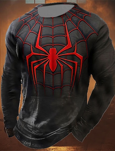  Муж. Графика SPIDER Футболка Длинный рукав Футболка 3D печать Вырез под горло Рубашка Мода Оригинальный рисунок На каждый день Для спорта и активного отдыха Праздники На выход Красный Синий Лиловый