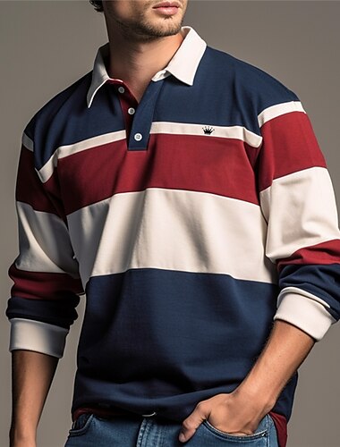  Homme Rayure Polo de rugby Polos de Golf manche longue Polos Col Rabattu Occasionnel Extérieur Décontracté Quotidien Vêtements de rue 3D Imprimé Automne & Hiver Marine foncé