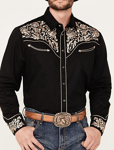  Bloemig Western stijl Voor heren Overhemd Buiten Straat Casual / Dagelijks Herfst winter Strijkijzer Lange mouw Zwart S M L Overhemd
