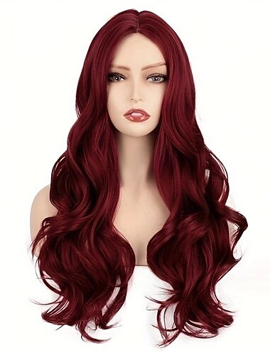  Kunsthaar Perücke lockig lässig Ponyperücke lang weinrot schwarz a1 blond Kunsthaar Damen modisches Design niedlich Cosplay blau lila grün Karnevalsperücken