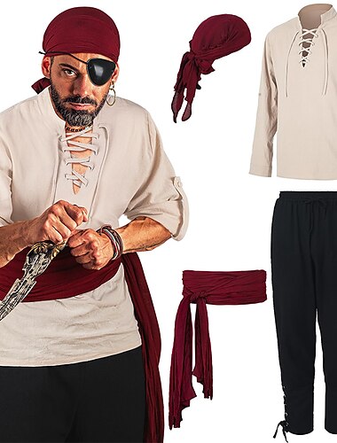  Retro Antiguo Medieval Renacimiento Pantalones Cinturón Camisas Feria del Renacimiento Pirata Vikingo Ranger Hombre Pirata Víspera de Todos los Santos Carnaval Fiesta Adulto Camisas Pantalones Para