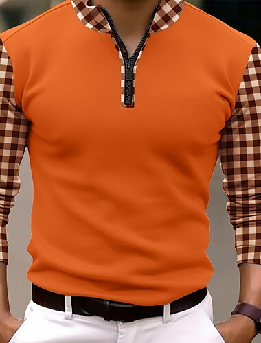  Homens Camisas Polo Polo Quarter Zip Férias Trabalho Lapela Manga Longa Moda Confortável Bloco de cor Xadrez Zip Up Primavera & Outono Normal Preto Laranja Camisas Polo